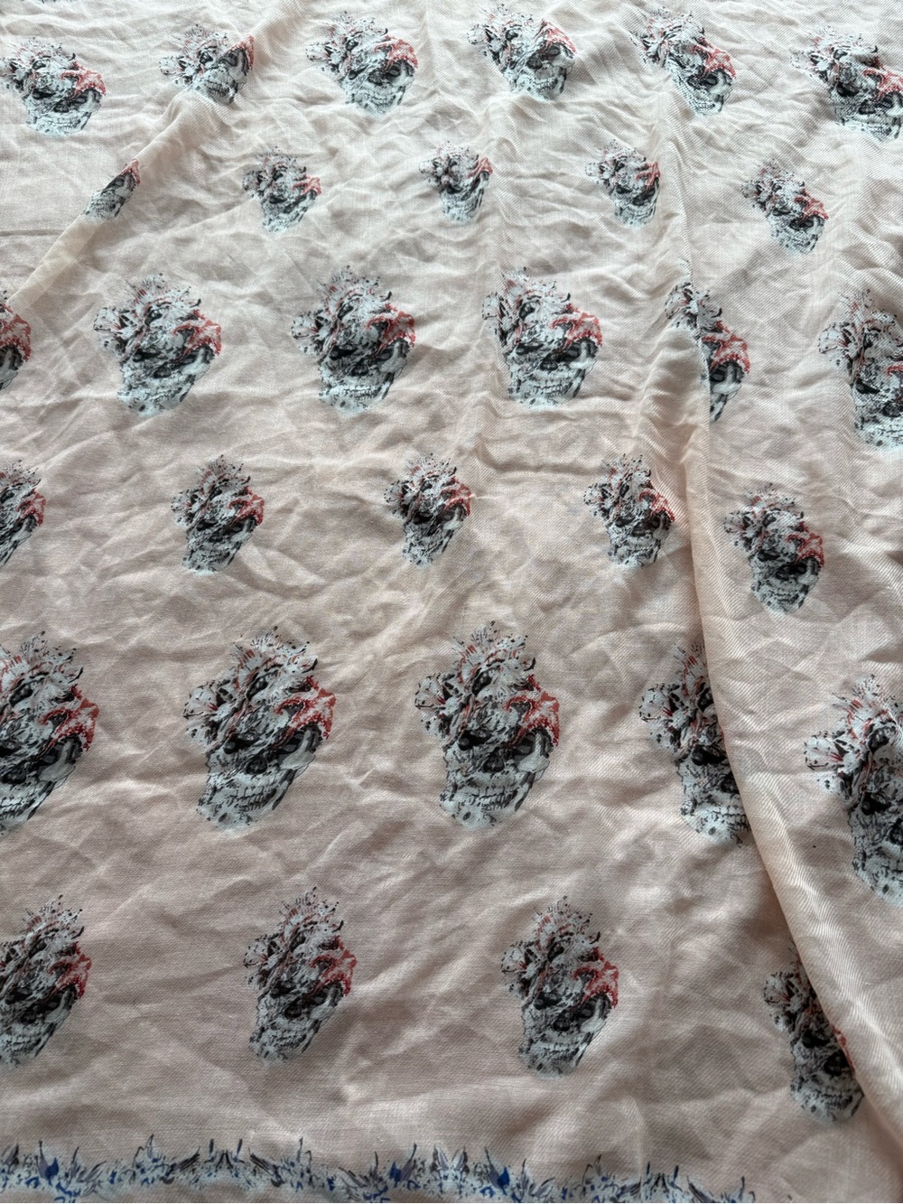 Alexander McQueen Pale Pink Skull Print Scarf with Black and Red Accents